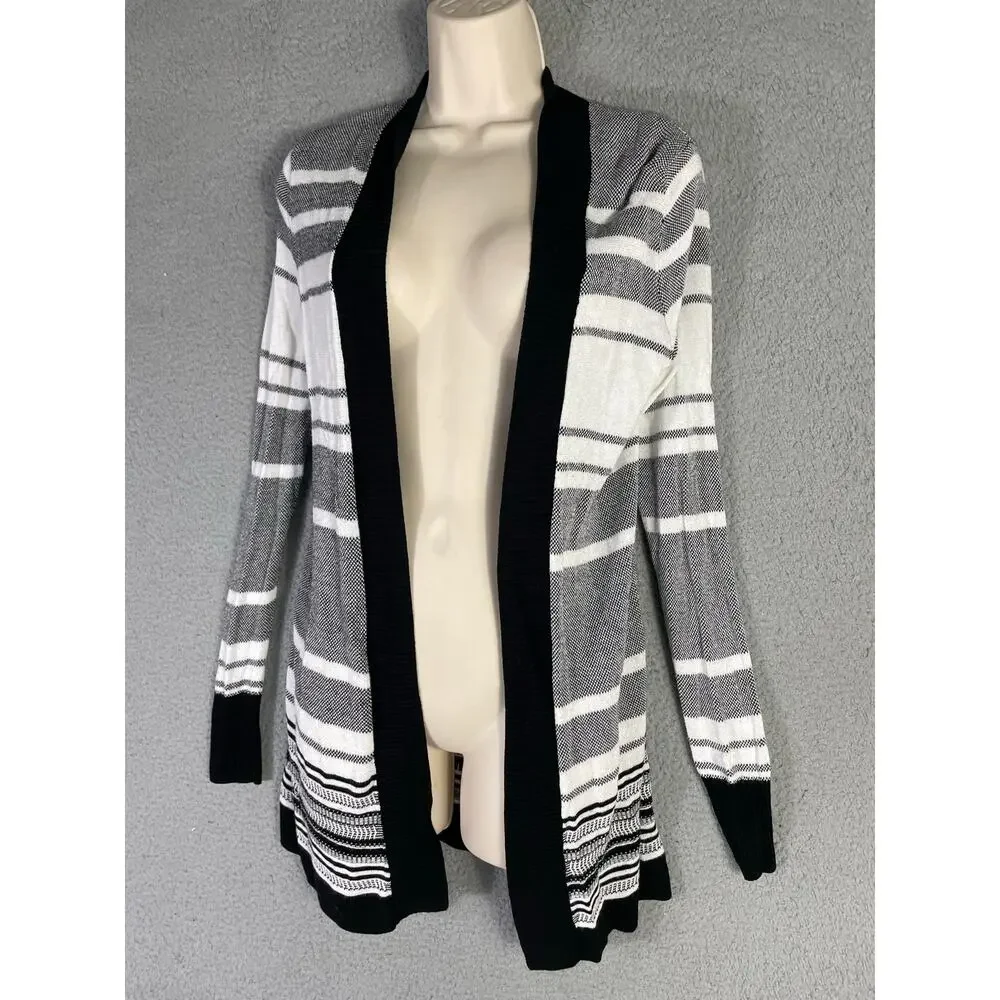 Apt.‎ 9 Striped Open Front Cardigan Black Gray White Small Long Sleeve